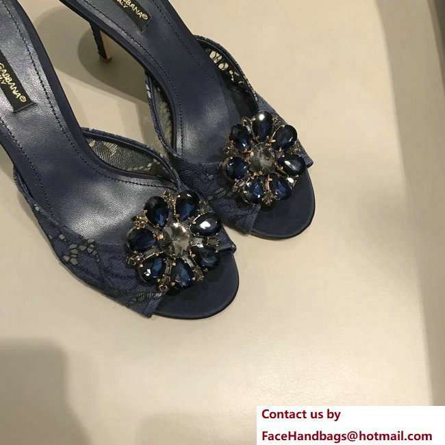 Dolce  &  Gabbana Heel 7cm Slippers Dark Blue In Lace With Crystals 2018